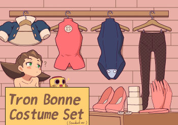 1girl ? blue_jacket blue_leotard brown_hair cropped_jacket dress fishnet_pantyhose fishnets gloves highres jacket leotard long_hair mega_man_(series) mega_man_legends_(series) pantyhose pink_dress pink_gloves servbot_(mega_man) tron_bonne_(mega_man) unworn_clothes unworn_headwear yodok