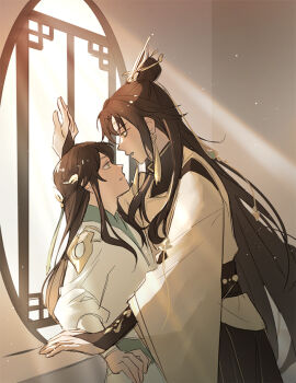 2boys aqua_eyes aqua_sash black_bridal_gauntlets black_hanfu black_robe black_sash bridal_gauntlets brown_hair chinese_clothes chinese_commentary cowboy_shot earrings eye_contact face-to-face from_side hair_between_eyes hair_ornament half_updo hanfu hua_yi_shanxin_zhiyue indoors jewelry kabedon lattice light_particles long_hair long_sleeves looking_at_another male_focus mole mole_under_eye multiple_boys parted_bangs profile robe round_window sash standing sunlight tassel tassel_earrings the_prince_(hua_yi_shanxin_zhiyue) topknot two-tone_robe uka_(azraeluka) very_long_hair waist_sash white_hanfu white_robe wide_sleeves window xiao_guan_(headdress) xuan_xingqi yaoi yellow_eyes