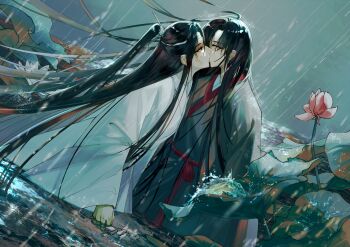 Rule 34 | 2boys, absurdres, bishounen, black hair, black hanfu, chinese clothes, chinese commentary, coat, commentary request, crying, crying with eyes open, fish, floating hair, flower, from side, grey coat, hair down, half updo, hanfu, headband, highres, kiss, lan wangji, lily pad, liuche79871650, long hair, long sleeves, looking at another, lotus, lotus leaf, male focus, modao zushi, multiple boys, official alternate costume, official alternate hairstyle, open clothes, open coat, outdoors, partially submerged, pink flower, ponytail, profile, rain, red eyes, red sash, robe, sash, sidelocks, tears, very long hair, water, wei wuxian, wei wuxian (yiling laozu), wet, wet clothes, wet hair, white hanfu, white headband, wide sleeves, xiao guan (headdress), yaoi, yellow eyes