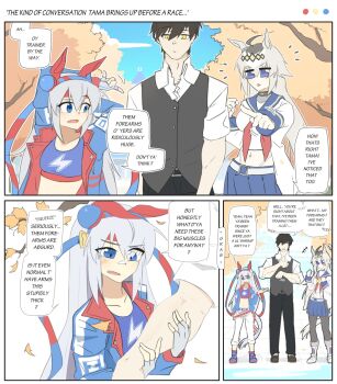 1boy 1girl 2girls ahoge animal_ears belt black_hair blue_eyes blue_hairband blue_jacket blue_sports_bra blush bow brooch doli_palta ear_bow ear_covers ear_ornament fingerless_gloves gloves grey_hair grey_tail hair_between_eyes hair_ornament hairband headband highres horse_ears horse_girl horse_tail jacket jewelry lightning_bolt_symbol long_hair long_sleeves multicolored_hair multicolored_hairband multiple_girls muscular muscular_male navel oguri_cap_(starlight_beat)_(umamusume) oguri_cap_(umamusume) open_mouth pants pantyhose red_belt red_headband sailor_collar shirt skirt solo sports_bra star_brooch striped_clothes striped_hairband tail tamamo_cross_(fast_as_lightning)_(umamusume) tamamo_cross_(umamusume) trainer_(umamusume) two-tone_hairband umamusume very_long_hair white_pants yellow_eyes