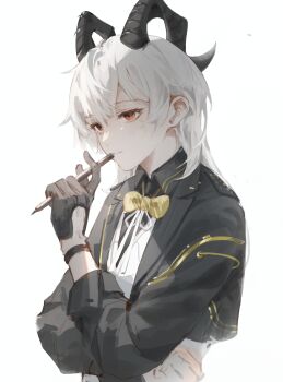 Rule 34 | 1girl, absurdres, black gloves, black horns, black jacket, bow, bowtie, commentary, curled horns, elyzerda, female rover (perpetual spark) (wuthering waves), female rover (wuthering waves), gloves, highres, holding, holding pen, horns, jacket, long hair, parted lips, pen, red eyes, rover (wuthering waves), scar, solo, untranslatable commentary, upper body, wuthering waves, yellow bow, yellow bowtie