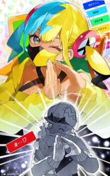 1boy 1girl blue_eyes breasts canari_(pokemon) character_name cleavage commentary_request eyelashes grandfather_and_granddaughter hands_up highres jacket kouta_(pixiv14981568) long_sleeves mask mouth_mask multicolored_hair nail_polish nintendo one_eye_closed pokemon pokemon_legends:_z-a tarragon_(pokemon) translation_request twintails yellow_jacket