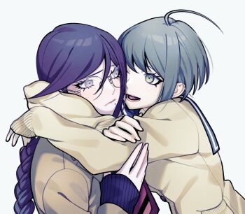 Rule 34 | 2girls, ahoge, alternate costume, blue sailor collar, blush, braid, closed mouth, commentary request, danganronpa (series), danganronpa another episode: ultra despair girls, eyelashes, fingernails, fukawa toko, glasses, highres, hug, ling yun (amadare0803), long hair, long sleeves, lower teeth only, mole, mole under mouth, multiple girls, naegi komaru, open mouth, purple eyes, purple hair, round eyewear, sailor collar, short hair, simple background, smile, teeth, white background