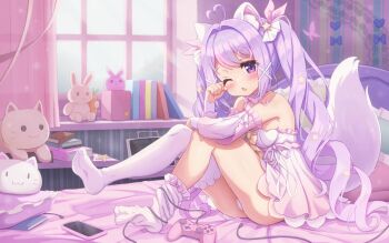 1girl absurdres animal_ears commission highres indoors long_hair one_eye_closed original pixiv_commission purple_eyes purple_hair sitting solo tail thighhighs twintails underwear window zusshii_(libertasgenesis)