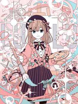 1girl :3 aqua_bow aqua_eyes aqua_nails beret betete bow bow_skirt bowtie brown_hair bubble canvas_(object) cardigan cellphone character_name closed_mouth colored_skin commentary_request computer_keyboard controller cowboy_shot dot_nose easel flat_color floating_paper frilled_skirt frills game_controller hair_bow hair_ornament hands_up hat highres holding holding_paint_palette holding_paintbrush long_hair long_sleeves looking_at_viewer medium_skirt nail_polish nijisanji nintendo_switch outstretched_arm paint paint_palette paint_tube paintbrush phone pink_background pink_bow pink_cardigan pink_nails pink_theme pinstripe_pattern pinstripe_skirt purple_bow purple_bowtie purple_hat purple_skirt shark shirt skirt smartphone smile solo sparkle streamers suzuhara_lulu suzuhara_lulu_(1st_costume) sword virtual_youtuber weapon white_bow white_shirt white_skin x_hair_ornament