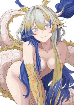 1girl absurdres all_fours arknights bare_shoulders blonde_hair blue_eyes blue_hair blush breasts choker cleavage closed_mouth collarbone colored_extremities colored_skin completely_nude convenient_censoring dragon_girl dragon_horns dragon_tail eastern_dragon_horns eastern_dragon_tail eyeliner eyeshadow hair_censor hair_over_breasts highres horns ken_(shutenndouji1) long_hair looking_at_viewer makeup medium_breasts multicolored_hair nude orange_eyeliner orange_pupils pointy_ears red_eyeshadow ribbon shiny_skin shu_(arknights) simple_background solo streaked_hair tail very_long_hair white_background white_hair yellow_skin