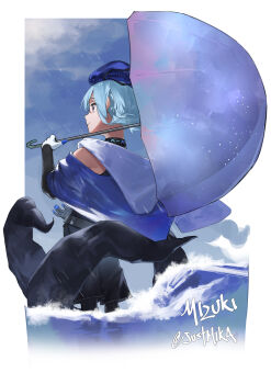 1boy absurdres arknights black_collar black_gloves black_pantyhose black_shorts blue_hair blue_headwear blue_jacket border character_name cloud cloudy_sky collar elbow_gloves from_behind gloves highres holding holding_umbrella infection_monitor_(arknights) jacket male_focus mizuki_(arknights) mkrk_mikaerukung outdoors outside_border pantyhose pantyhose_under_shorts rain shorts sky solo tentacles trap twitter_username two-tone_gloves umbrella wading water white_border white_gloves