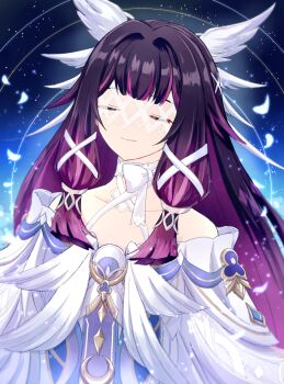 Rule 34 | 1girl, 78 (uhjn2434), absurdres, black hair, blush, closed eyes, closed mouth, columbina (genshin impact), commentary request, dress, feathered wings, genshin impact, hair ribbon, head wings, highres, long hair, long sidelocks, multicolored hair, multiple wings, pink hair, ribbon, sidelocks, smile, solo, very long hair, white dress, white mask, white ribbon, white wings, wings