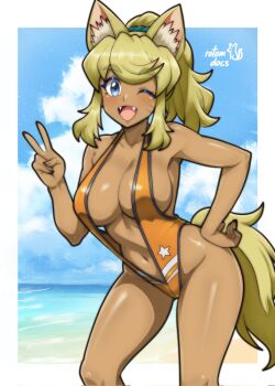 1girl :d ;d animal_ear_fluff animal_ears artist_name bare_arms bare_shoulders blonde_hair blue_eyes border breasts commentary commission dark-skinned_female dark_skin english_commentary facial_mark fangs feet_out_of_frame hand_on_own_hip highres ko-fi_commission large_breasts light_blush liru looking_at_viewer navel one_eye_closed open_mouth orange_slingshot_swimsuit outside_border ponytail renkin_san-kyuu_magical_pokaan rotomdocs slingshot_swimsuit smile solo standing star_(symbol) swimsuit tail v whisker_markings white_border wolf_ears wolf_girl wolf_tail