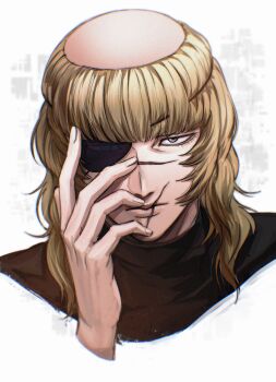 Rule 34 | 1boy, absurdres, badeni, black tabard, blonde hair, chi.: chikyuu no undou ni tsuite, closed mouth, commentary request, cropped shoulders, eyepatch, grntr 260106, hands on own face, highres, looking at viewer, male focus, medium hair, scar, scar on face, scar on lip, scar on mouth, scar on nose, solo, tabard, tonsure