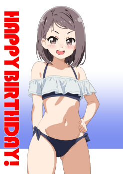 1girl 22/7 bikini black_hair brown_eyes commentary_request cowboy_shot hand_on_own_hip happy_birthday hiiragi_tsubomi mismatched_bikini mizusaki_johnko open_mouth ruffle_bikini short_hair side-tie_bikini_bottom smile solo swimsuit