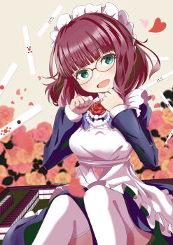Rule 34 | 1girl, absurdres, asuka (pixiv82529874), brown hair, commentary request, commission, flower, green eyes, highres, light blush, mahjong, maid, maid headdress, open mouth, original, rose, short hair, sitting, skeb commission, smile, thighhighs, virtual youtuber, white thighhighs