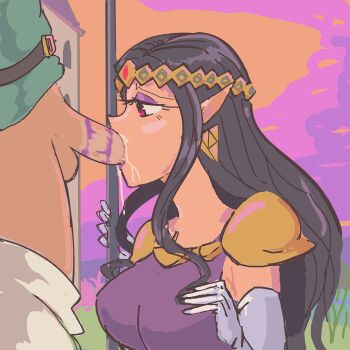 black_hair davewaterfalls drooling earrings fellatio jewelry link lipstick_mark lipstick_mark_on_penis nintendo oral penis pointy_ears princess_hilda purple_lips red_eyes testicles the_legend_of_zelda the_legend_of_zelda:_a_link_between_worlds tiara triforce tunic