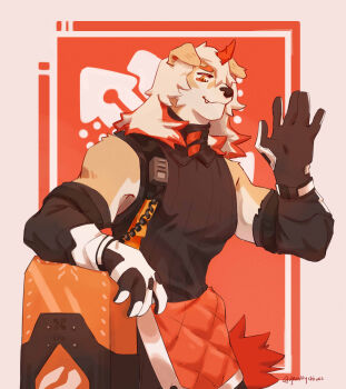 1boy absurdres arknights bara black_shirt commentary dodongchives english_commentary fang furry furry_male hand_up highres holding holding_shield horns hung_(arknights) long_hair looking_at_viewer mythological_creature orange_eyes profile shield shirt single_horn sleeveless sleeveless_shirt sleeveless_turtleneck smile turtleneck twitter_username