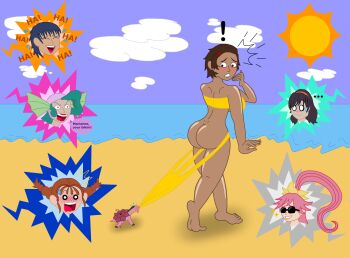 absurdres ass bikini coppertone embarrassed exposed_butt gunxsword highres kameo_(gunxsword) marianne_(gunxsword) parody swimsuit