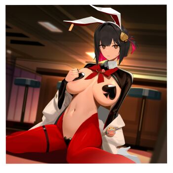 1girl absurdres animal_ear_hairband animal_ears areola_slip bar_(place) bar_stool black_hair black_shrug blush border breasts closed_mouth coat colored_inner_hair commentary_request fake_animal_ears frontless_outfit goddess_of_victory:_nikke hair_ornament hairband heart_maebari highres hiphighs indoors large_areolae large_breasts latex_shrug looking_at_viewer maebari mismatched_pasties multicolored_hair navel official_alternate_costume open_clothes open_coat prizent rabbit_ear_hairband rabbit_ears red_hair red_hiphighs reverse_bunnysuit reverse_outfit rouge_(nikke) rouge_(unlucky_rabbit)_(nikke) short_hair shrug_(clothing) sitting solo spade_brooch spade_hair_ornament spade_pasties stomach stool sweat white_border white_coat