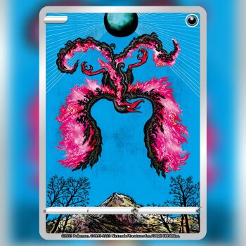 animal_focus bird blue_sclera blue_sky card_(medium) colored_sclera commentary company_name copyright_name copyright_notice english_commentary flying galarian_form galarian_moltres gen_8_pokemon kanda_shinji legendary_pokemon mountain nintendo no_humans official_art open_mouth outdoors pokemon pokemon_(creature) pokemon_card pokemon_focus pokemon_tcg sky solo talons textless_version third-party_source tongue trading_card tree white_eyes