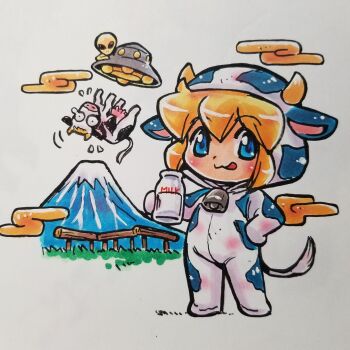 1girl :q abduction alien animal animal_costume animal_ears animal_print bell blonde_hair blue_eyes bottle chibi chibi_only cloud commentary cow cow_costume cow_ears cow_horns cow_print cow_tail cowbell crime_crackers fake_animal_ears fake_horns fake_tail fence flying_saucer flying_sweatdrops hand_on_own_hip highres holding holding_bottle hood hood_up horns kokomahi leaza_(crime_crackers) looking_at_viewer milk_bottle mount_fuji orange_clouds spacecraft tail tears tongue tongue_out traditional_media ufo wide-eyed wooden_fence