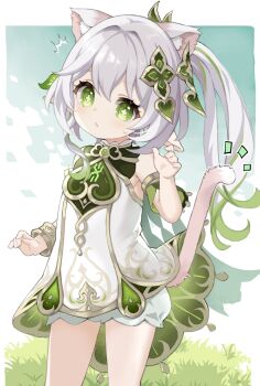 1girl absurdres animal_ears bloomers bracelet cape cat_ears cat_girl cat_tail commentary_request cowboy_shot cross-shaped_pupils detached_sleeves dress genshin_impact green_cape green_eyes green_hair green_sleeves grey_hair hair_ornament hand_up highres jewelry kemonomimi_mode leaf_hair_ornament looking_at_viewer m-eine multicolored_hair nahida_(genshin_impact) notice_lines open_mouth pointy_ears short_dress short_sleeves side_ponytail sleeveless sleeveless_dress solo streaked_hair symbol-shaped_pupils tail underwear white_bloomers white_dress