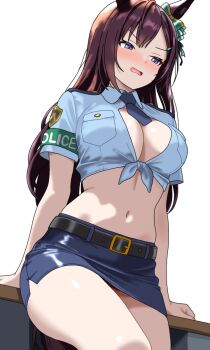 1girl animal_ears belt belt_buckle black_belt black_hair black_tail blue_necktie blue_shirt blue_skirt blush breasts buckle center_opening cleavage commentary_request commission desk ear_ornament haiwo highres horse_ears horse_girl horse_tail large_breasts long_hair mejiro_dober_(umamusume) miniskirt navel necktie on_desk open_mouth pencil_skirt pixiv_commission police police_uniform policewoman purple_eyes revealing_clothes shirt short_necktie short_sleeves simple_background sitting skirt solo tail tied_shirt umamusume white_background