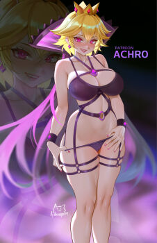 Rule 34 | 1girl, achromaru, bikini, bikini tug, black bikini, blonde hair, breasts, cameltoe, cleavage, crown, highres, large breasts, looking at viewer, mario (series), navel, nintendo, paper mario, paper mario: the thousand-year door, pink eyes, possessed, princess peach, shadow queen, short hair, solo, swimsuit, zoom layer