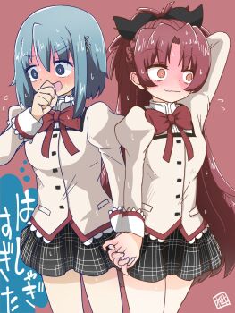 Rule 34 | arm behind head, black bow, black skirt, blue eyes, blue hair, blush, bow, closed mouth, commentary, covering own mouth, cowboy shot, facing away, flustered, full-face blush, hair bow, hand over own mouth, high collar, highres, holding hands, interlocked fingers, juliet sleeves, long hair, long sleeves, looking to the side, mahou shoujo madoka magica, medium hair, miki sayaka, mitakihara school uniform, open mouth, orange eyes, puffy sleeves, red background, red bow, red hair, sakura kyoko, school uniform, skirt, speech bubble, sweat, sweater, thought bubble, tsugahara ne ne, untranslatable commentary, wavy mouth, yellow sweater, yuri