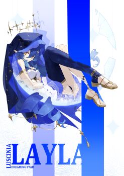 Rule 34 | 1girl, absurdres, baiyinzhideng, blue hair, blue veil, breasts, character name, chinese commentary, commentary request, dress, drill hair, english text, fetal position, genshin impact, gladiator sandals, hair between eyes, halo, highres, knees up, layla (genshin impact), looking at viewer, medium breasts, pointy ears, sandals, single thighhigh, solo, thighhighs, veil, white background, white dress, yellow eyes