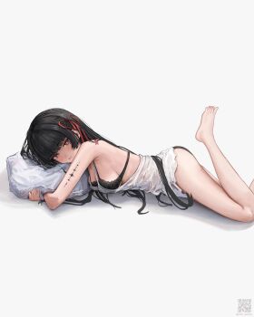 1girl absurdres ass barefoot black_bra black_hair black_panties blunt_bangs bra breasts camisole chisa_(wuthering_waves) closed_mouth feet foot_out_of_frame from_side hair_ribbon highres hugging_object large_breasts long_hair looking_at_viewer lying mole mole_under_eye on_stomach panties pillow pillow_hug red_eyes red_ribbon ribbon riuv187567 sideboob sidelocks solo tacet_mark_(wuthering_waves) thighs toes underwear very_long_hair white_camisole wuthering_waves
