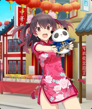 1girl :d ahoge architecture asakura_mihono blue_sky blush breasts brown_hair china_dress chinese_clothes clothing_request cowboy_shot day dot_nose dress earrings east_asian_architecture floral_print floral_print_dress flower game_cg gradient_hair hair_flower hair_ornament hair_ribbon holding holding_stuffed_toy jewelry lantern medium_hair multicolored_hair official_art open_mouth outdoors paper_lantern pink_flower print_dress red_eyes red_hair red_ribbon ribbon road short_sleeves side_slit sign sky small_breasts smile solo street stuffed_animal stuffed_panda stuffed_toy tassel teeth third-party_source toji_no_miko toji_no_miko:_kizamishi_issen_no_tomoshibi twintails upper_teeth_only