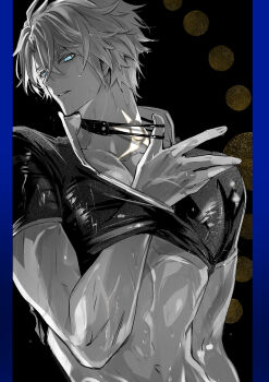 1boy blue_eyes choker clothes_lift collarbone collared_shirt commentary crossed_bangs fingernails hair_between_eyes highres honkai:_star_rail honkai_(series) looking_down male_focus mori_morii neck_tattoo parted_lips phainon_(honkai:_star_rail) popped_collar shirt shirt_lift short_sleeves solo sun_symbol sun_tattoo symbol-only_commentary tan tattoo wet wet_clothes wet_hair wet_shirt