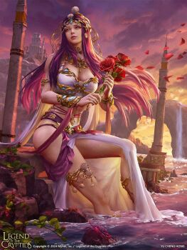 1girl 2024 anklet armlet artist_name blue_gem bouquet bracelet breasts castle character_request cleavage clothing_request cloud cloudy_sky copyright_logo copyright_name copyright_notice dated falling_petals fantasy floating_hair flower furrowed_brow gem gold_anklet gold_armlet gold_bracelet gold_thighlet gold_tiara grey_eyes holding holding_bouquet horizon jewelry large_breasts legend_of_the_cryptids logo looking_ahead midriff mountainous_horizon navel ocean on_floor original outdoors partially_submerged petals plant purple_hair realistic red_flower red_lips red_petals red_rose rose seashell shell sitting sky soaking_feet solo sunset temple thighlet turning_head water yellow_sky yu_cheng_hong