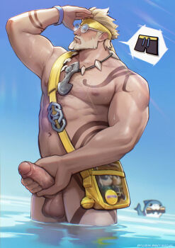 1boy abs bag bara bare_pectorals beard biceps black_male_swimwear blonde_hair body_markings commentary completely_nude english_commentary erection facial_hair fins fish_tail foreskin hand_on_own_penis highres jeff_(marvel) jewelry looking_to_the_side male_swimwear marvel marvel_rivals muscular muscular_male navel necklace nipples nude on_water pectorals penis shark shark_fin shark_tail shoulder_bag speech_bubble spoken_object sunglasses swept_bangs swim_trunks sylvein tail testicles thor_(marvel) thor_(worthy_waves)_(marvel) tooth_necklace