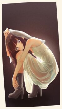 1girl bare_shoulders blush boots border brown_boots brown_hair closed_mouth commentary commission dark_background dress english_commentary fallenshadow from_side full_body high_heel_boots high_heels highres indie_virtual_youtuber long_hair looking_at_viewer nail_polish pettan_(zeez4743) pixiv_commission purple_eyes see-through_clothes see-through_dress sleeveless smile solo spaghetti_strap squatting veil white_border white_dress white_veil wristband