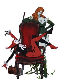 Rule 34 | 2girls, absurdres, batman (series), bodysuit, breasts, brown hair, cbb (tuucoo), chair, dc comics, gloves, green leotard, green lips, hammer, harlequin, harley quinn, harley quinn (classic), hat, highres, jester, jester cap, jester costume, leaf leotard, leotard, long hair, multicolored bodysuit, multiple girls, on chair, plant, poison ivy, sitting, smile, two-tone bodysuit, vines, white background, white facepaint