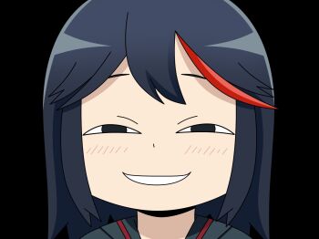 1girl anya's_heh_face_(meme) black_background black_eyes black_hair hair_between_eyes kill_la_kill matoi_ryuuko medium_hair meme multicolored_hair red_hair red_streaks school_uniform simple_background solo spanish_commentary streaked_hair