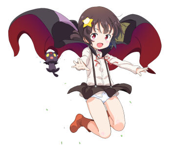 1girl absurdres black_cloak boots brown_boots brown_eyes brown_hair cat cloak highres komekko kono_subarashii_sekai_ni_shukufuku_wo! kuuchuu_yousai loli miniskirt multicolored_cloak open_mouth panties red_cloak shirt short_hair short_twintails skirt smile star_(symbol) suspender_skirt suspenders thighs twintails two-sided_cloak two-sided_fabric underwear white_panties white_shirt wind wind_lift