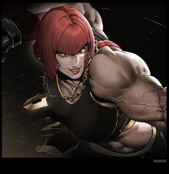 1girl abs black_sports_bra breasts chain chain_necklace character_name commentary gold_chain green_eyes highres jewelry mahousho marisa_(street_fighter) muscular muscular_female necklace red_hair short_hair smile solo sports_bra street_fighter street_fighter_6 uneven_eyes v-bangs veins veiny_arms