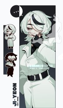 ... 1girl absurdres character_name chibi chibi_inset coat fingerless_gloves gloves hair_over_one_eye highres jacket ny_000a original red_eyes scar scar_on_face signature simple_background watermark white_hair white_jacket