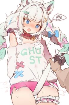 1girl ahoge animal_ears between_legs blue_hair blush bow braid cat_ears cat_tail cowboy_shot extra_ears frilled_thigh_strap hair_bow highres indie_virtual_youtuber long_hair micro_shorts mint_fantome mint_fantome_(otaku) multicolored_hair orobou pov pov_hands pulling_tail shorts solo_focus spoken_squiggle squiggle standing streaked_hair tail tail_between_legs thigh_strap twin_braids virtual_youtuber white_hair