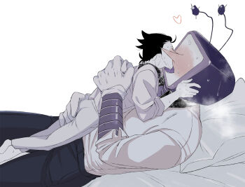 2boys ant_tenna antennae azuma9195 black_hair black_pants blush clothed_robot colored_skin commentary crt deltarune french_kiss gloves hand_on_another&#039;s_ass hand_on_another&#039;s_back hand_on_another&#039;s_head highres humanoid_robot kiss lying male_focus multiple_boys object_head on_back on_bed pants pillow robot shirt short_hair sleeves_rolled_up spamton_g._spamton spamton_g._spamton_(big_shot) steam sweat symbol-only_commentary utdr_(toby_fox) white_gloves white_pants white_shirt white_skin yaoi