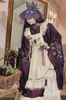 1girl absurdres apron art_study basket bow closed_mouth commentary covered_eyes dress english_commentary feet_out_of_frame flower flower_on_head food food_print fruit fruit_print grape_print grapes hatsburg highres holding holding_food holding_fruit lobelia_(flower) long_hair long_sleeves purple_bow purple_dress purple_flower solo standing touhou white_apron wide_sleeves yomotsu_hisami