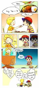 +++ 2boys angry artist_request black_hair blush child closed_eyes crying eating english_text flying_sweatdrops food happy_aura hat highres lucas_(mother_3) male_focus mother_(series) mother_2 mother_3 multiple_boys ness_(mother_2) nintendo prank shirt source_request speech_bubble steak striped_clothes striped_shirt super_smash_bros. sweatdrop tears