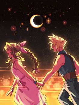 1boy 1girl aerith_gainsborough assertive_female bangle bare_shoulders belt black_pantyhose blonde_hair blue_shirt bracelet braid braided_ponytail breasts brown_belt brown_hair choker closed_eyes cloud_strife couple crescent_moon dress emi-bianchi final_fantasy final_fantasy_vii final_fantasy_vii_rebirth final_fantasy_vii_remake flower_choker hair_ribbon hetero highres holding_hands jewelry long_dress long_hair looking_at_another medium_breasts moon multiple_belts open_mouth pantyhose parted_bangs pink_dress pink_ribbon ribbon shirt short_hair sidelocks single_braid sky sleeveless sleeveless_dress sleeveless_turtleneck smile spiked_hair star_(sky) starry_sky suspenders turtleneck twitter_username walking