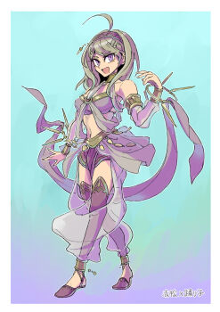 1girl ahoge akamatsu_kaede alternate_costume bangle border bracelet dancer danganronpa_(series) danganronpa_v3:_killing_harmony eyelashes fortissimo full_body hair_ornament hairband harem_outfit highres jewelry kumakoro_(tetsupag) looking_at_viewer midriff musical_note musical_note_hair_ornament navel open_mouth purple_eyes solo thighhighs white_border