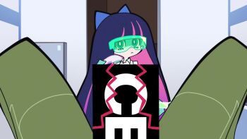 1boy 1girl angel animated anime_screenshot blue_eyes bouncing_penis brief_(psg) censored erection highres orange_hair panty_&amp;_stocking_with_garterbelt panty_(psg) penis penis_awe purple_hair stocking_(psg) tagme video