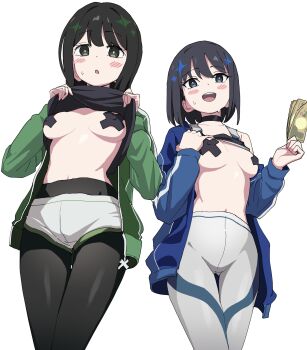 2girls :o banknote black_eyes black_hair black_pantyhose black_shirt blue_eyes blue_jacket blush_stickers breasts breasts_apart character_request choker clothes_lift copyright_request cowboy_shot cross cross_pasties green_jacket highres holding holding_money jacket leggings long_sleeves looking_at_viewer momomatang money multiple_girls open_clothes open_jacket open_mouth pantyhose pasties shirt shirt_lift short_hair shorts simple_background small_breasts smile sweat white_background white_leggings white_shorts
