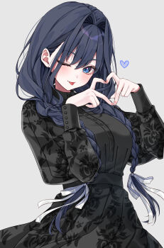 1girl ;p absurdres black_dress blue_eyes blue_hair braid commentary commentary_request dress embroidered_dress embroidery english_commentary fanged_bangs four-finger_heart_hands grey_background hair_intakes hair_over_shoulder hands_up heart heart_hands highres hololive hololive_english juliet_sleeves long_dress long_hair long_sleeves looking_at_viewer low_twin_braids mogu_(au1127) official_alternate_costume official_alternate_hairstyle one_eye_closed ouro_kronii ouro_kronii_(maid) partial_commentary puffy_sleeves simple_background solo tongue tongue_out twin_braids virtual_youtuber