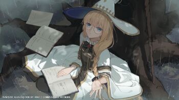 aesc_(fate) aesc_(rain_witch)_(fate) artist_name blonde_hair blue_eyes book braid commentary_request commission dated fate/grand_order fate_(series) glasses hair_over_shoulder hat looking_at_viewer open_book rain rk_rika robe round_eyewear single_braid tree white_hat white_robe witch_hat