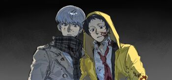 2boys adachi_tooru black_background black_eyes black_hair blood blood_on_clothes blood_on_face chengmingraven coat commentary_request grey_coat grey_hair grey_scarf highres hood hood_up hooded_coat long_sleeves looking_at_viewer male_focus multiple_boys narukami_yu necktie parted_lips persona persona_4 red_necktie scarf short_hair upper_body yellow_coat
