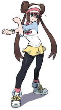 1girl asdf_4532 black_pantyhose blue_eyes breasts brown_hair cross-body_stretch double_bun full_body hair_bun hashtag-only_commentary long_hair looking_ahead nintendo pantyhose pokemon pokemon_bw2 rosa_(pokemon) shirt shoes shorts simple_background smile solo twintails visor_cap watch white_background wristwatch yellow_shorts